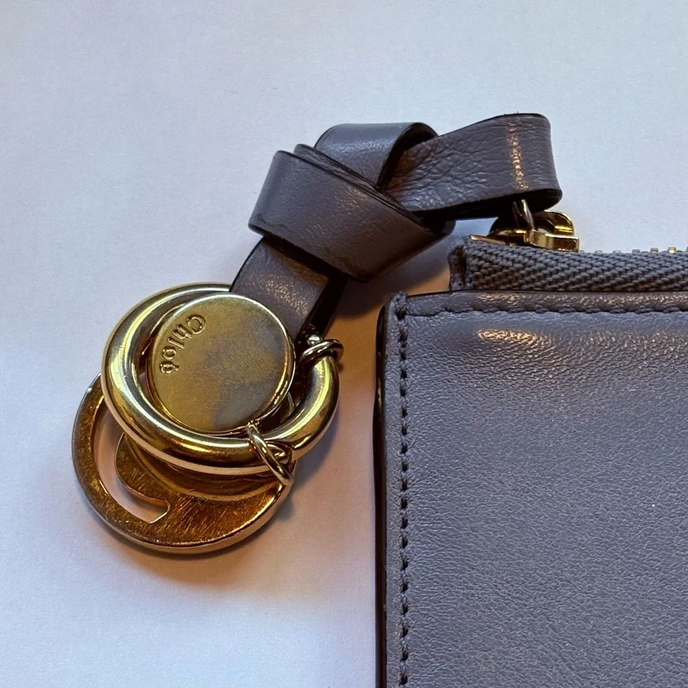Chloe Alphabet Wallet Card Holder smooth blue gray leather gold hardware C charm